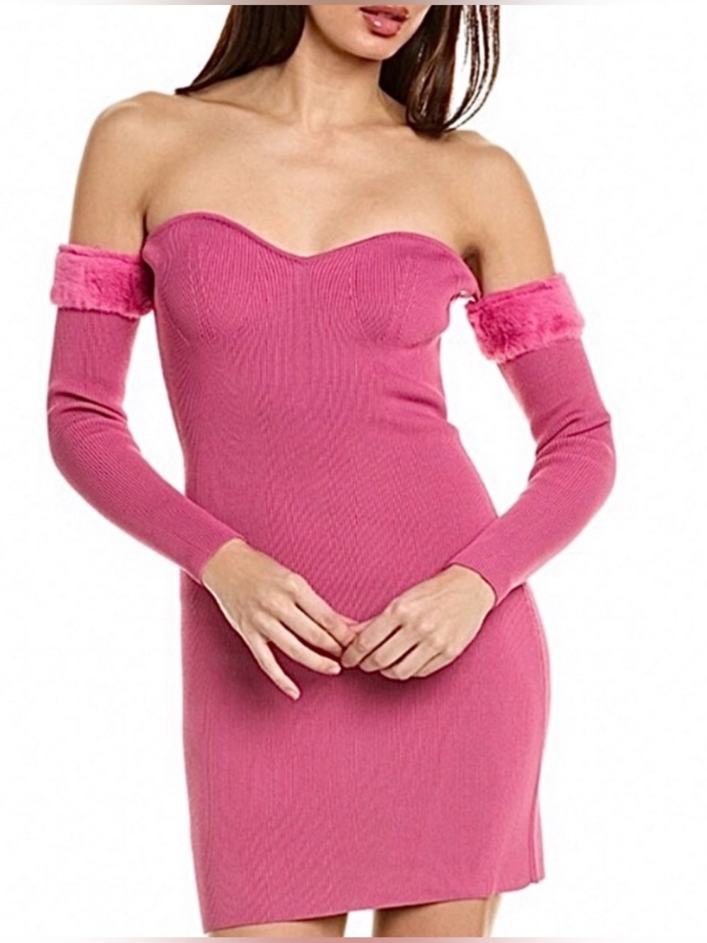 Staud Josee Fur Trimmed Long Sleeve Pink Mini Dress , NEW